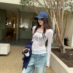 Real photos of Tulasel Tensel pure hot girl letter printing U-neck thin sunscreen blouse long-sleeved T-shirt