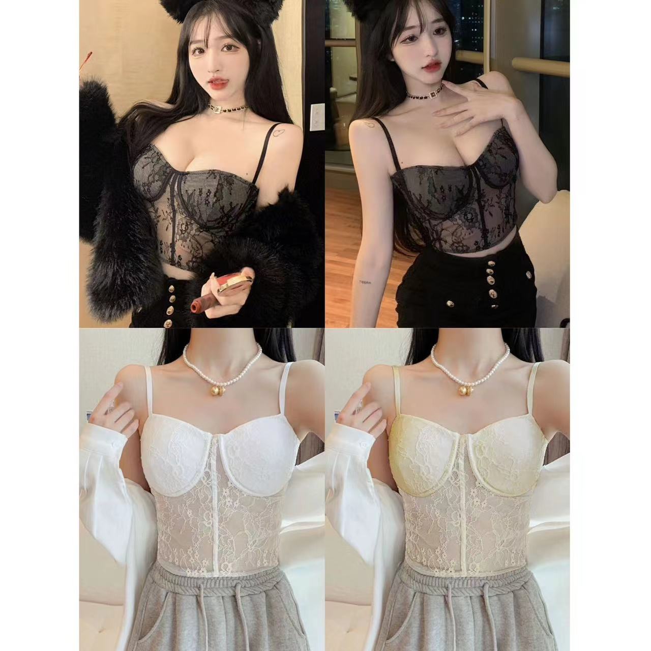 European and American hot girls sexy mesh fish bone lace suspender vest niche design with chest pad bra