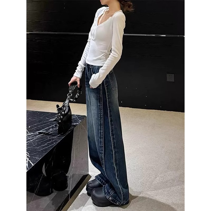 Large size retro straight jeans for women in spring and autumn fat mm pear-shaped body loose high waist slimming wide-leg floor-slimming pants