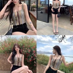 Walking on colorful island rainbow colored bright silk summer small suspender top