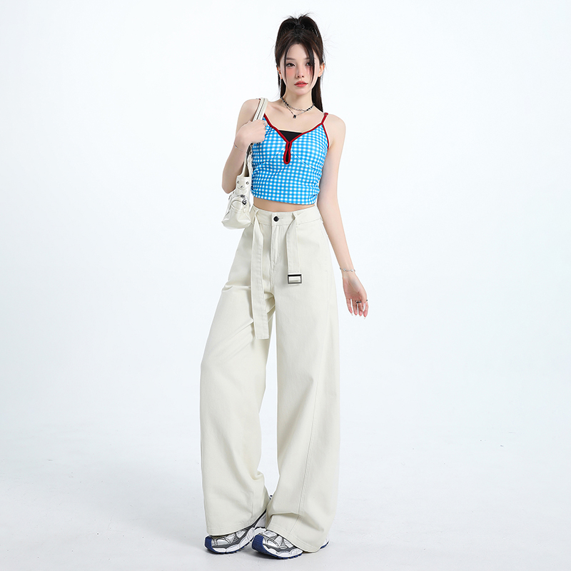 美式白色腰帶卡其色闊腿牛仔褲女2025新款高腰寬鬆顯瘦垂感休閒褲