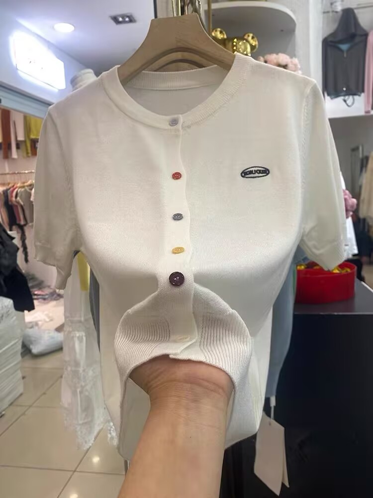 韓系彩色紐扣字母刺繡針織開衫女短袖T恤夏裝新款洋氣減齡上衣