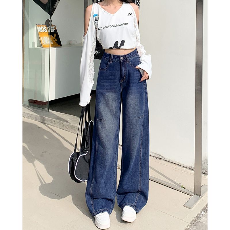 High Street Loose Wide Legs Women's Spring and Autumn New American Design High Waist Dropping Floor Jeans Trendy