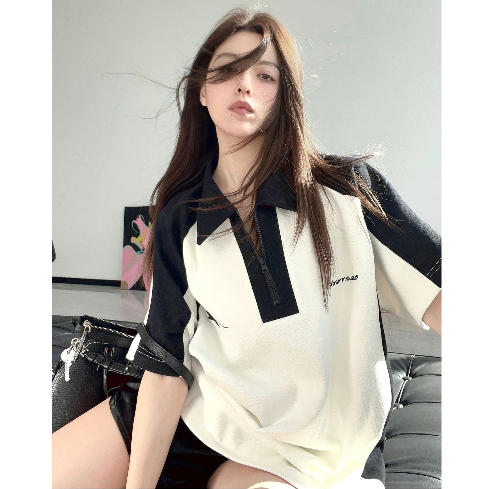 220g cool silk cotton bead floor embroidery contrasting color splicing polo shirt short-sleeved retro couple loose lapel T-shirt for men and women