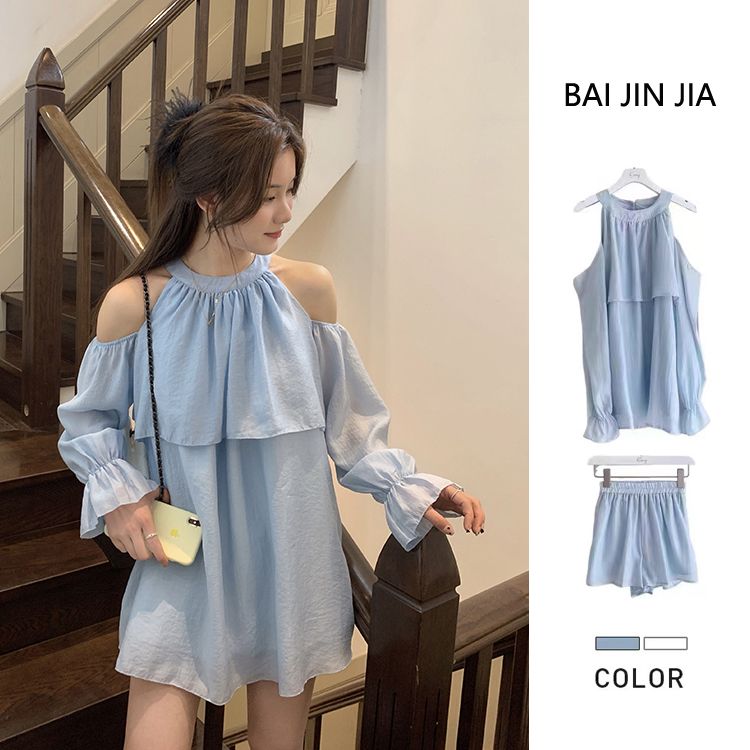 Korean French gentle style blue off-shoulder design suit for women's summer new thin top short skirt two-piece set