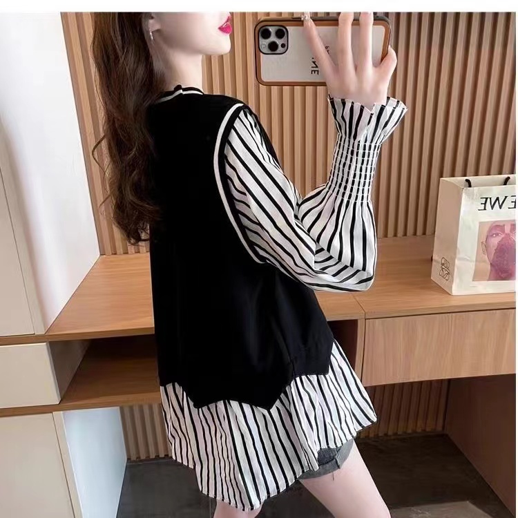New summer official picture Xinyang cotton woven fabric autumn fake two-piece sweater loose jacket for women