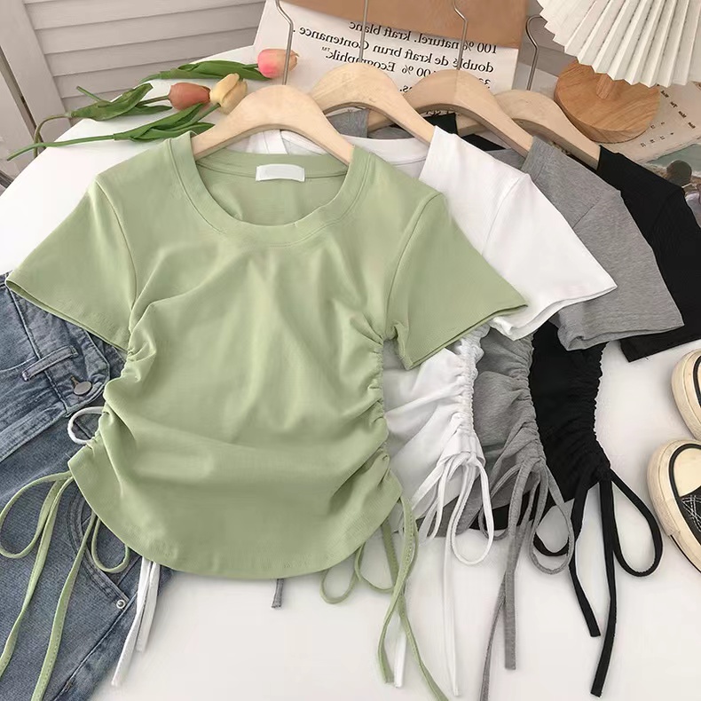 Official picture 1X1 pure cotton ribbed double-sided lace-up pleated short top