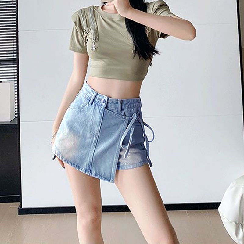 Commuter ins denim shorts for women spring and summer new style personalized waist strap irregular fake two-piece hip a-line skirt pants