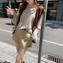 Real photo contrasting striped long-sleeved T-shirt for women in early spring 2025 Korean lazy loose single wear beautiful top