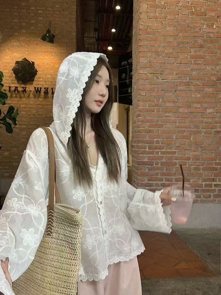 韓系白色刺繡鈎花連帽襯衫女2025春休閒百搭寬鬆長袖開衫上衣