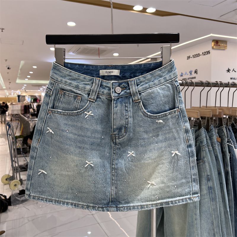 Denim skirt with bow tie for women in summer new high-waisted slim hip skirt