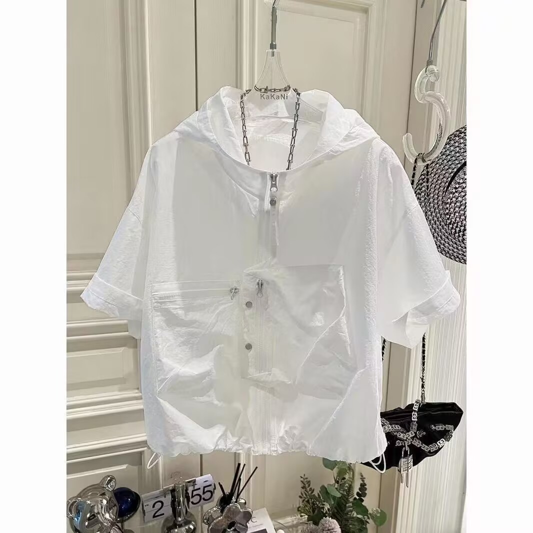 Heavy Industry Zipper Pocket Light Luxury Design High-end Irregular Hooded Anti-Wrinkle Sun Shirt Sweater Short Sleeve Workwear Women