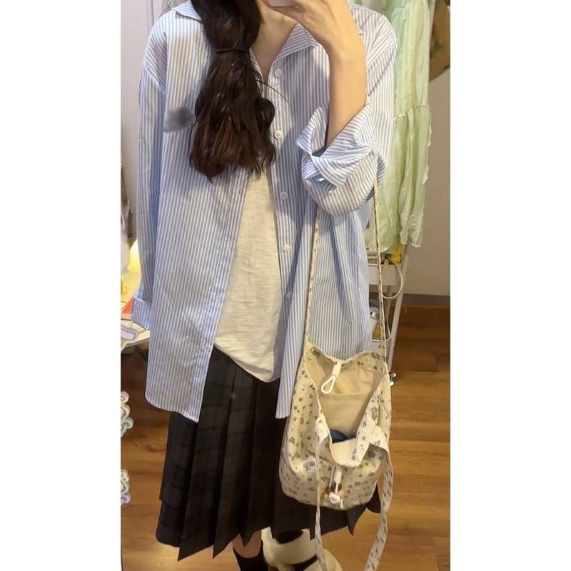 Blue striped long-sleeved shirt for women in spring and autumn 2025 new thin French high-end top versatile shirt jacket
