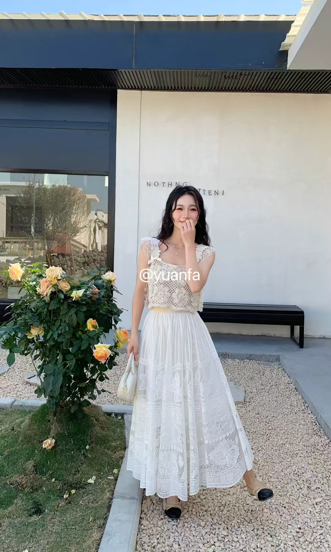 Set of Two 2025 Thai-style Lace Hook-and-Eye Halter Tops with Short Sleeveless Vests + Lace Midi Skirt