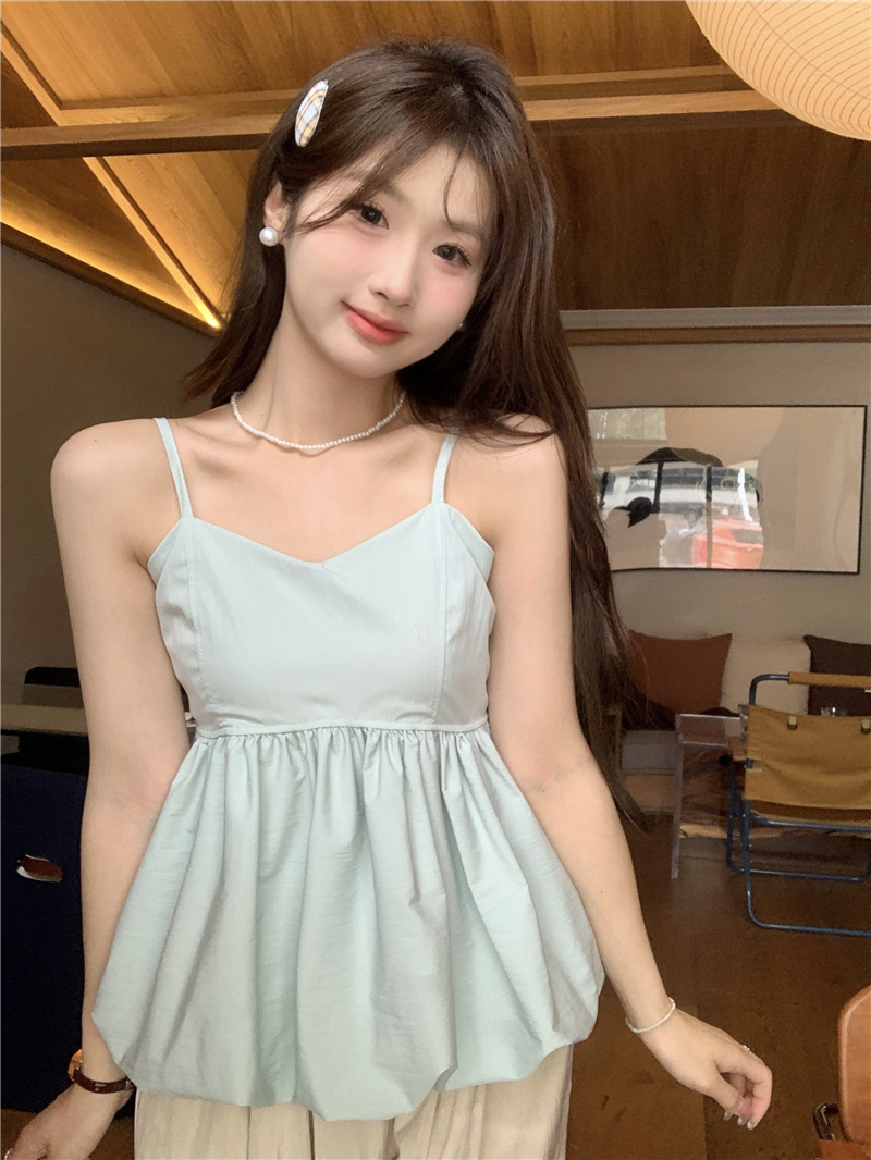 ~One-shoulder camisole dress shirt for women, summer sweet, petite, sleeveless, design-oriented top