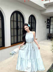 Shot~Beach Vacation Style Sleeveless V-Neck Belted Dress for Women Summer New Slimming Elegant Long Dress