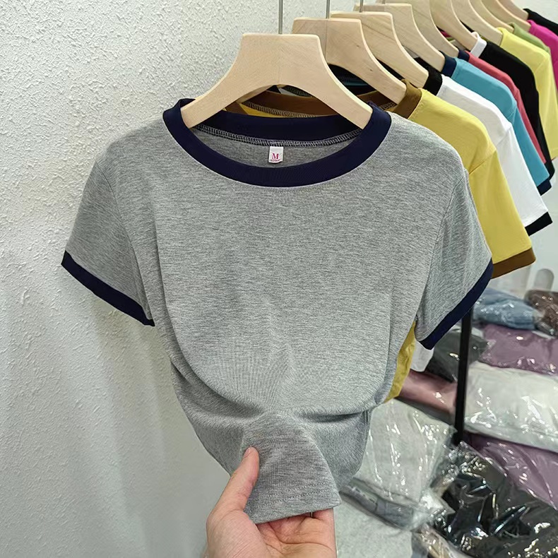 Real shot of pure cotton ribbed short-sleeved T-shirt for women