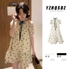Sweet style off-shoulder puff short-sleeved dress for women in summer new retro polka dot temperament puffy skirt