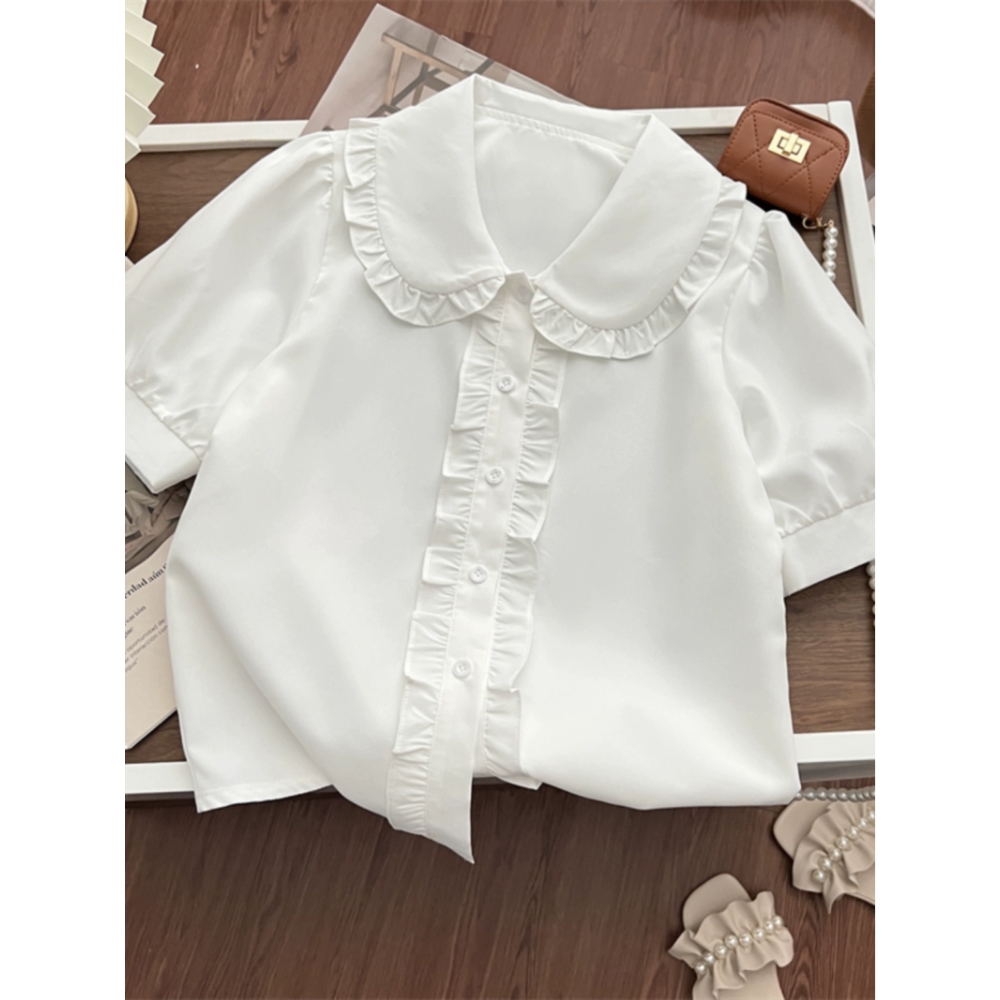 Korean chic wood ears literary sweet design sense doll collar short sleeve white shirt girl small top