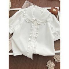 Korean chic wood ears literary sweet design sense doll collar short sleeve white shirt girl small top
