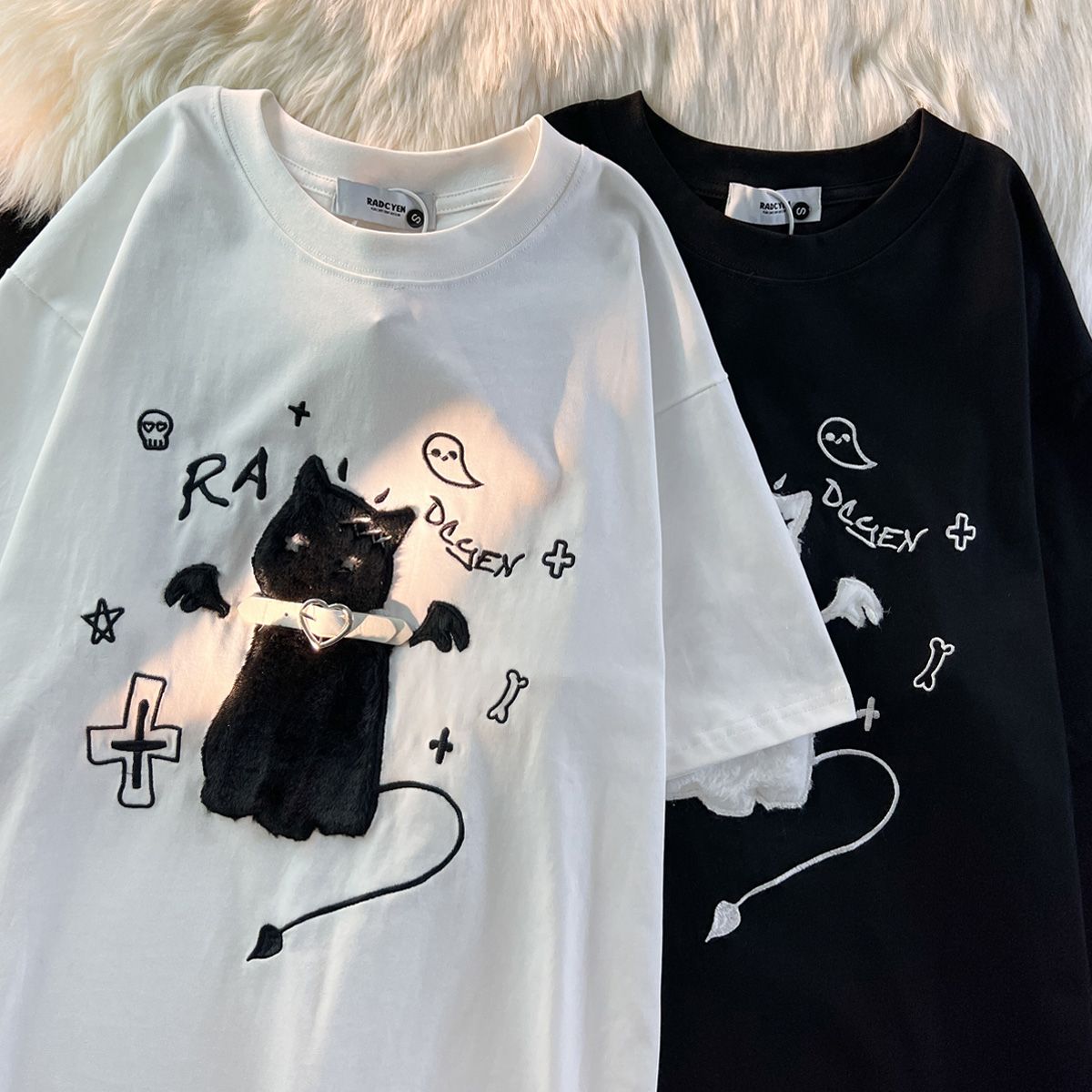 Pure cotton back collar + flocking embroidery + belt for summer new mid-length loose short-sleeved T-shirt for men and women