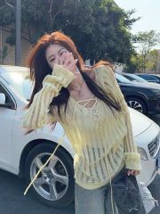 Lazy style hollow design v-neck long-sleeved sweater for women in spring Korean loose casual pullover sunscreen