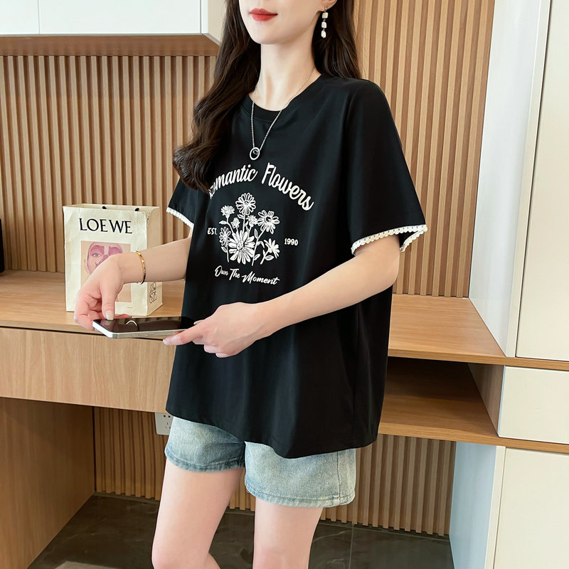實拍炸街質量棉質短袖t恤女夏中長潮新款圓領上衣大碼女裝