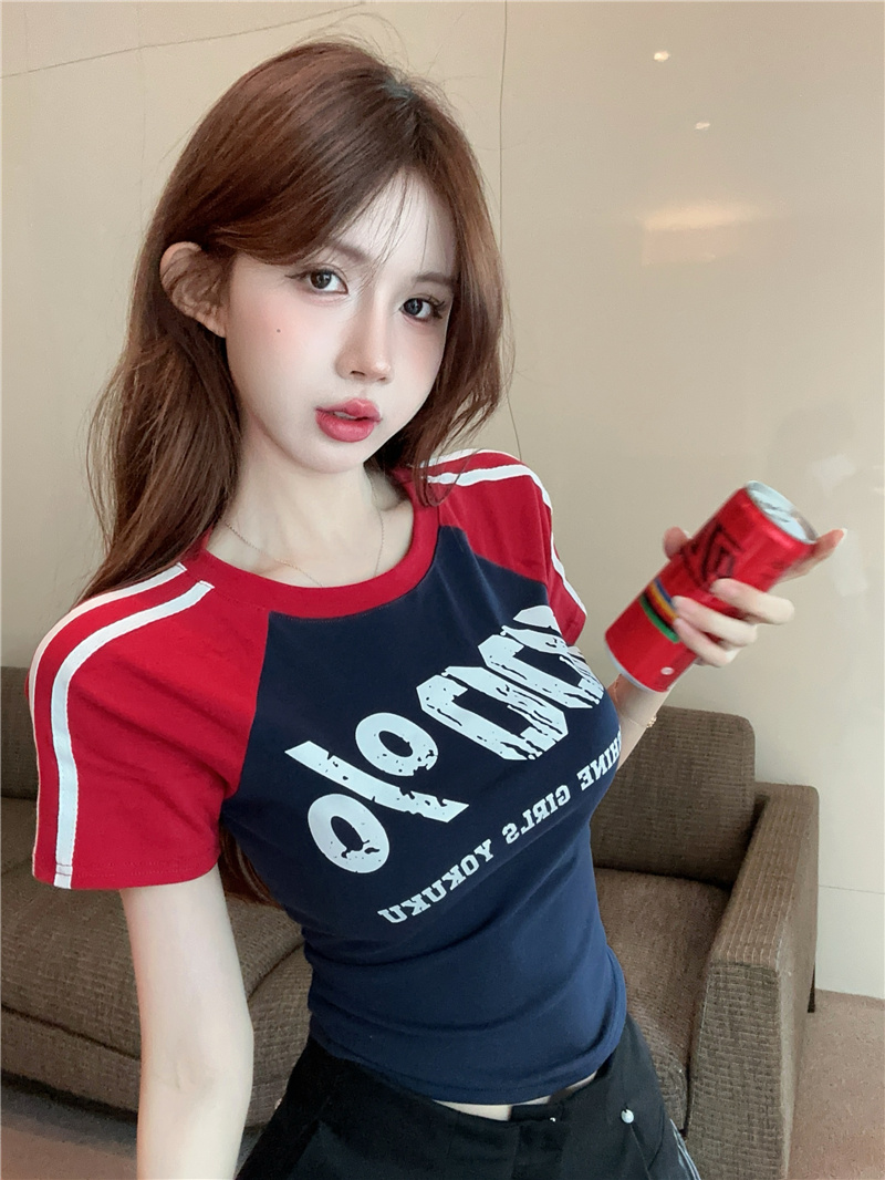 實拍~夏季美式復古上衣女字母印花修身顯瘦拼接撞色短袖T恤女
