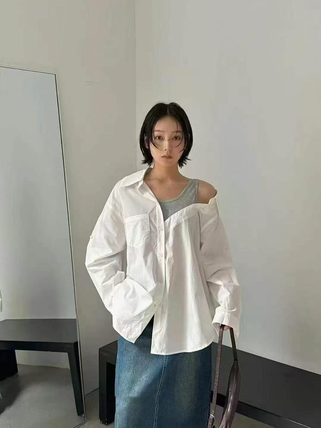 Stunning design sense layering two-piece sleeveless long-sleeve women's loose and slimming versatile asymmetrical casual shirt