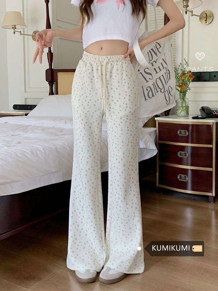 Three-dimensional waist floral trousers women's elastic waist drawstring casual pants spring and summer versatile floor trousers