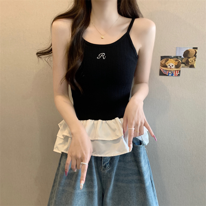 實拍 吊帶背心新款百搭美背無袖顯瘦修身花邊拼接針織上衣潮
