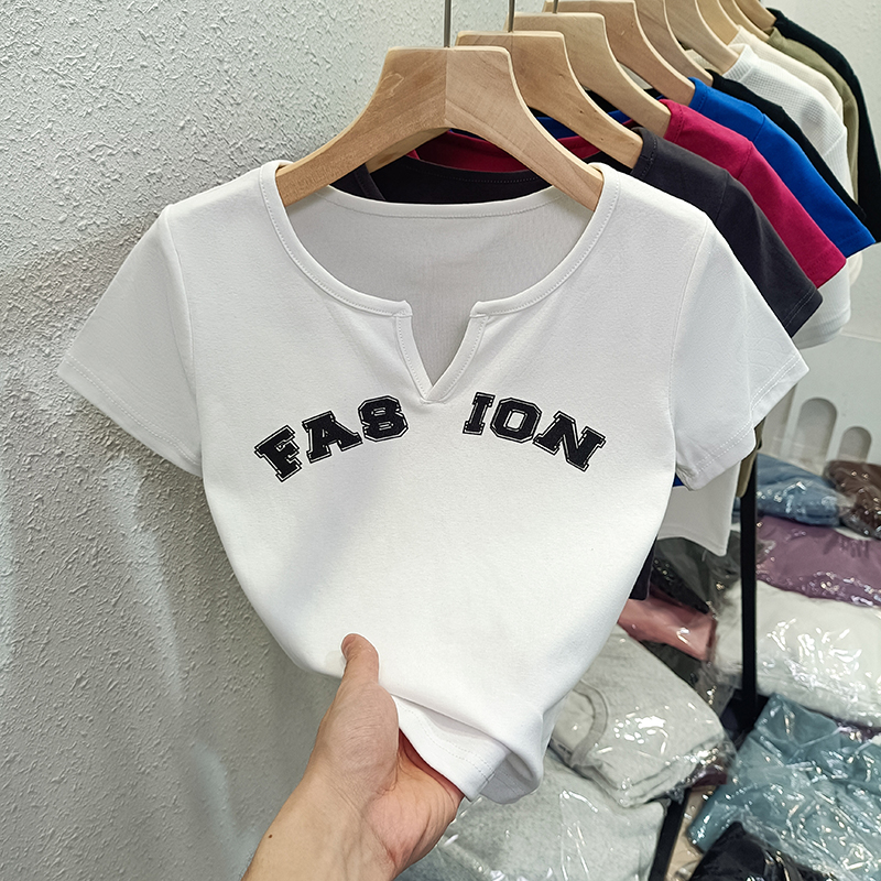 Real-life pure cotton ribbed slim short-sleeved top