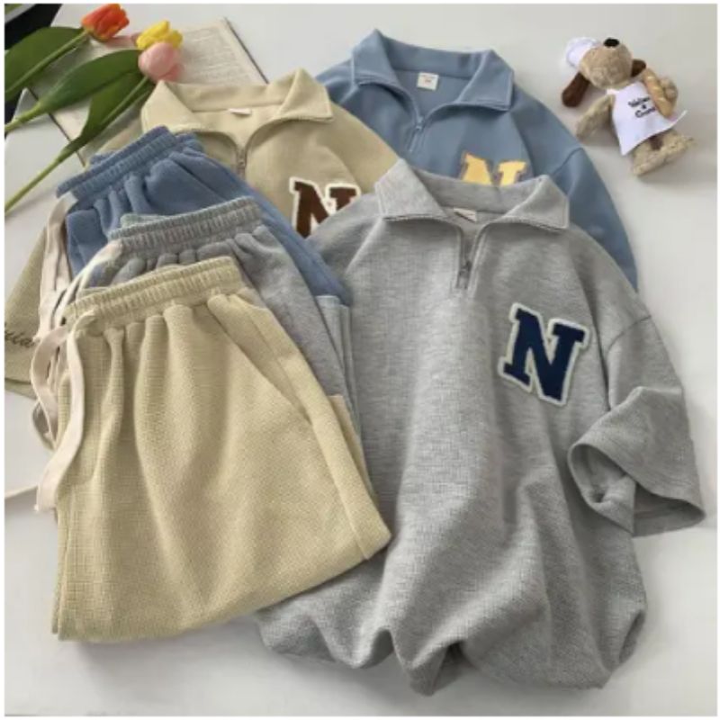 Waffle Sports Set for Women 2025 Summer Loose Short Sleeve Korean Style Trendy Shorts Casual Two-Piece Set