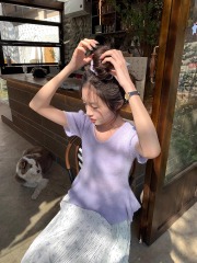 Soft mist purple sweater for women 2025 gentle white and lift temperament waist-hugging lotus leaf sway short-sleeved T-shirt top