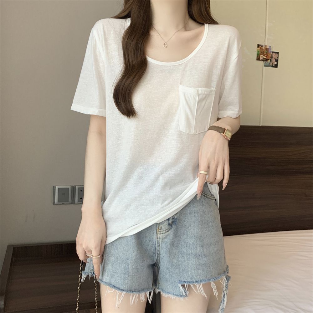 Real photo of pure cotton bamboo joint cotton 100% cotton pocket thin short-sleeved T-shirt for women breathable sun protection