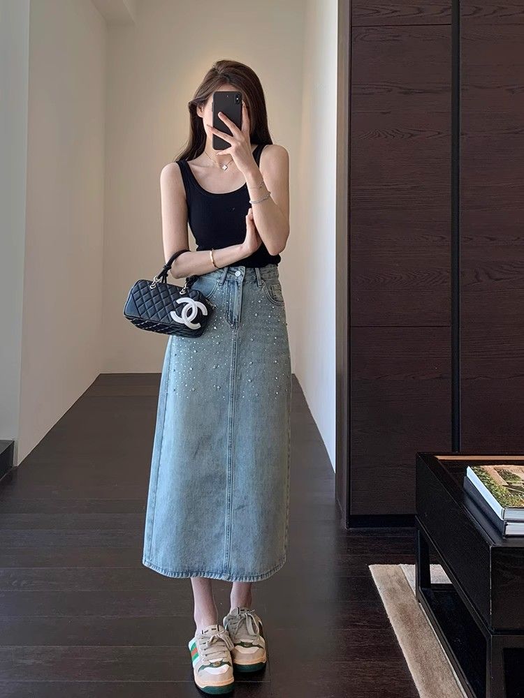 New summer high-waist denim skirt for women European products retro hot diamond mid-length casual hip-packing A-line skirt