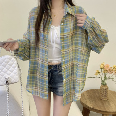 實拍 格子防曬衣夏季新款寬鬆透氣百搭休閒外穿薄款襯衫上衣