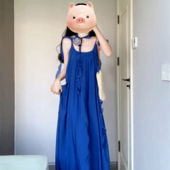 Klein blue suspender dress for women spring and summer French high-end seaside vacation temperament truffle back long skirt