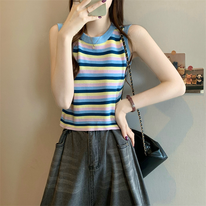 Real shot, new Korean style design, dopamine rainbow striped suspender sweater
