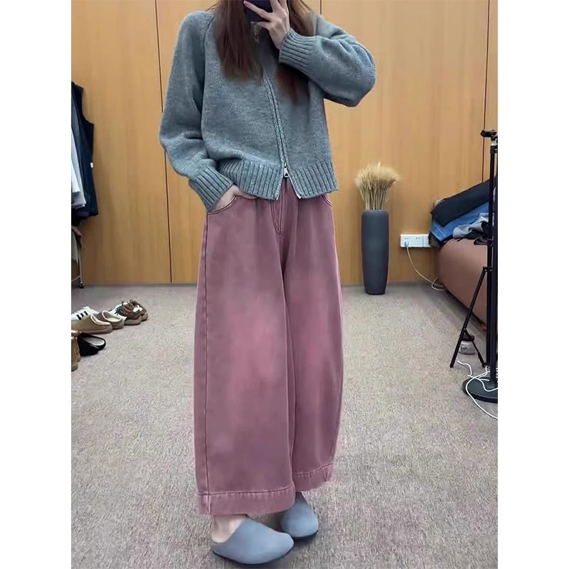 Lazy wide-leg jeans for women in spring new small nine-point straight pants fat mm large size loose sickle pants