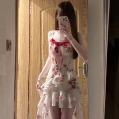 Korean design lace-up smudged floral suspender dress for women's summer irregular lace slim skirt