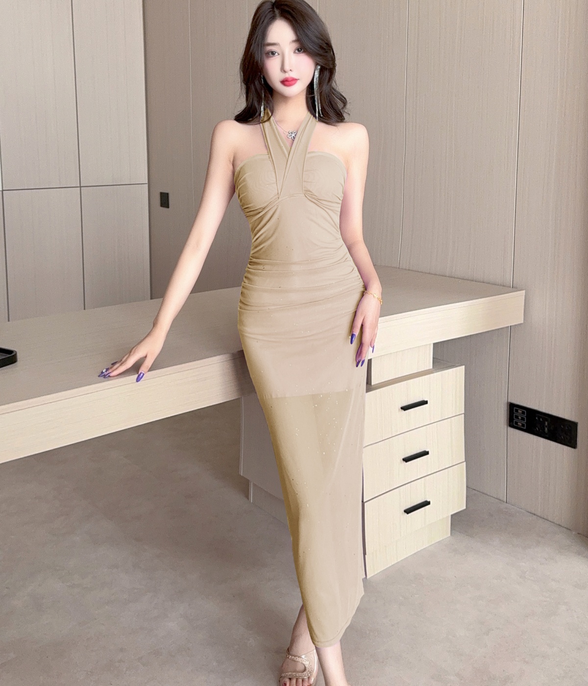 Real photo of pure and exquisite retro off-shoulder halter long skirt with slim backless fishtail long waist-hugging dress