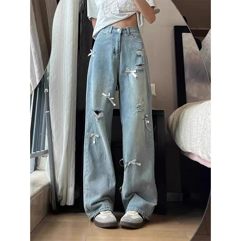 2025 spring new large-size ripped jeans for women thin loose and slim high waist straight wide-leg floor trousers