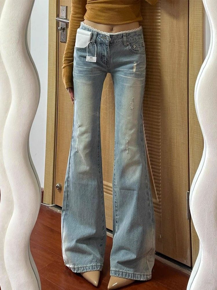 Trousers & Extended Tall People Extended Retro Lace-Wait Low-Wait Flare Jeans Women's Spring and Summer Design Slim