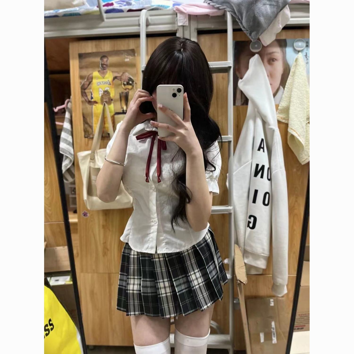 Strap short sleeve waist-hugging white shirt Japanese college style slimming original pleated short plaid skirt JK uniform three-piece set