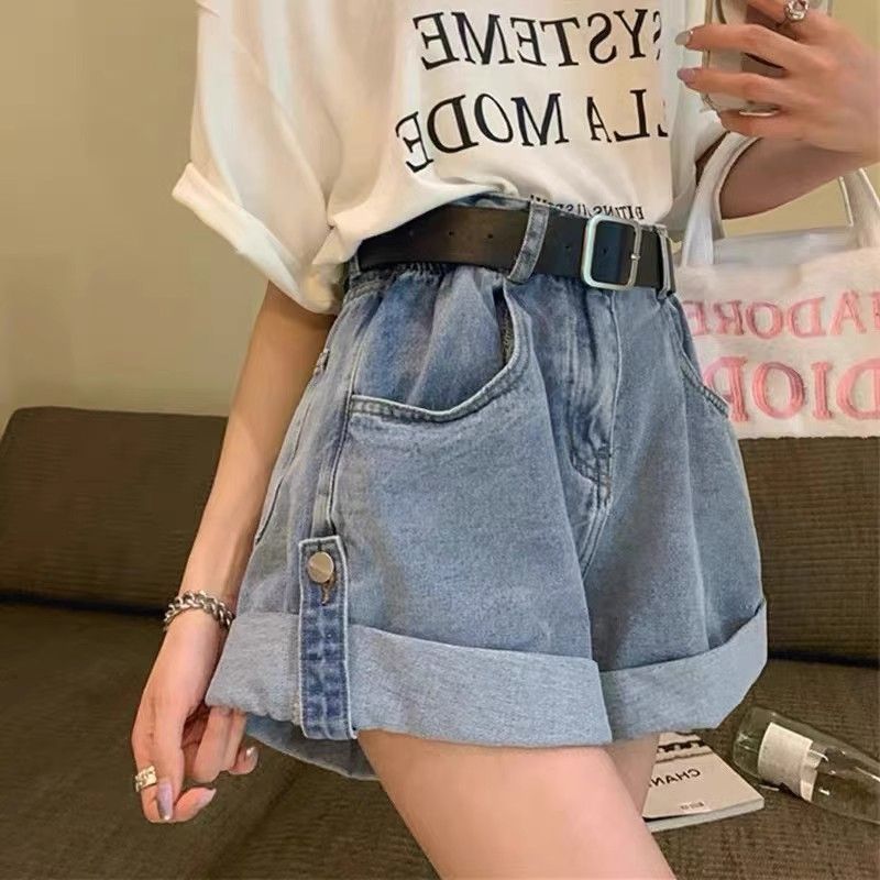 Korean hot girl curly high waist denim shorts for women new versatile loose hips to make them look slim A-line wide-leg hot pants
