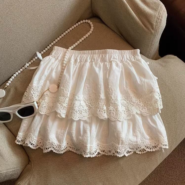 Ballet style white fluffy cake skirt skirt for women summer bow lace skirt small a-line short skirt