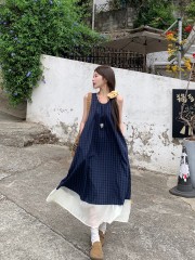 Real photo of blue plaid sleeveless backless dress French literary retro vacation suspender vest skirt