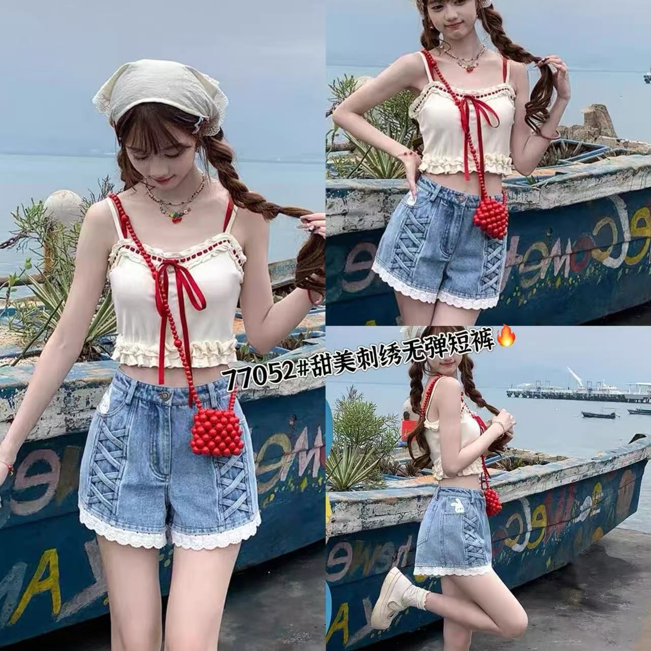 Salted fish wardrobe rabbit embroidered denim shorts for women's summer new sweet small high-waisted lace pants
