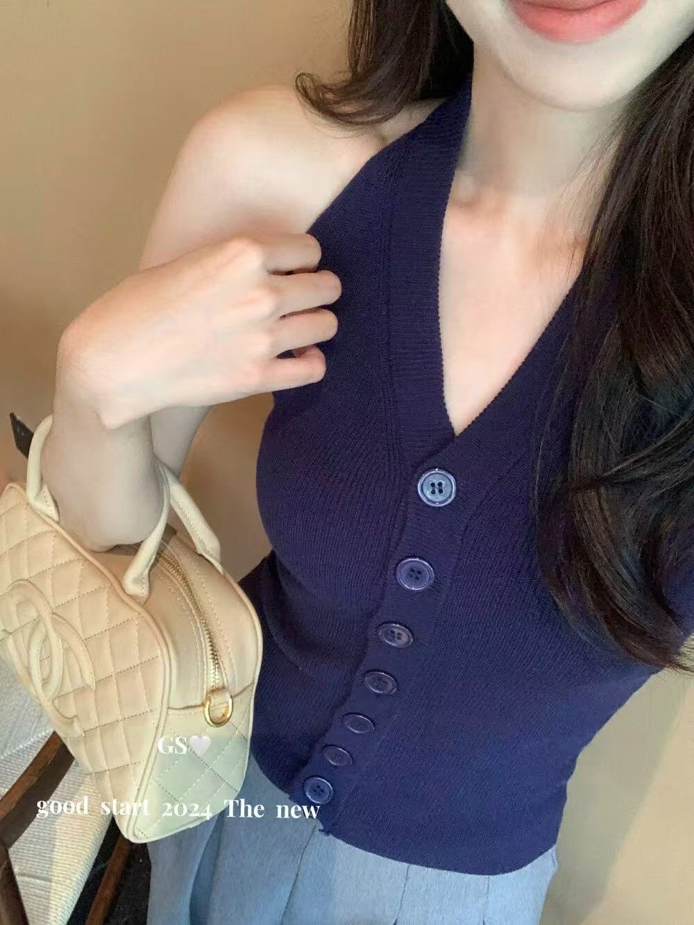 非實拍 V領掛脖針織背心女外穿設計感小眾獨特别致修身無袖潮